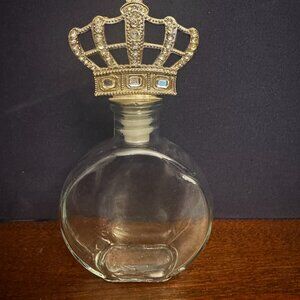 Vtg Inspired Glass Perfume Bottle 7" Rhinestone Encrusted Silver Crown Stopper